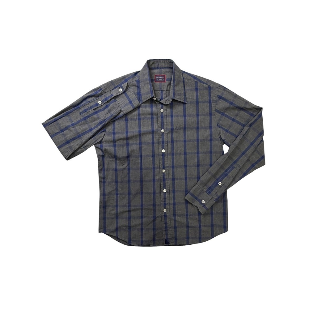 UNTUCKit Mens Small Grey Blue Windowpane Plaid Cotton Long Sleeve Button Down